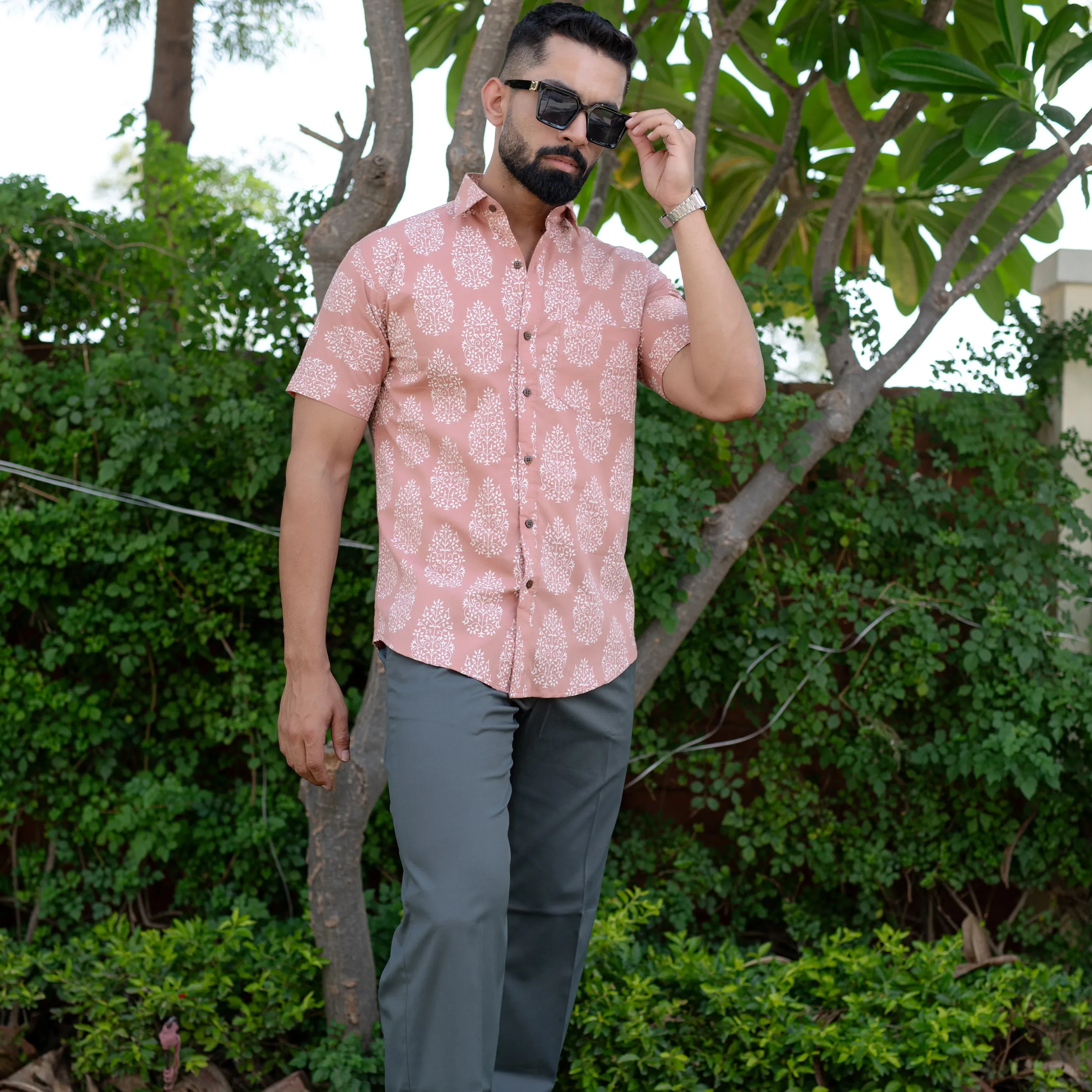 Beige Floral Half Sleeve Printed shirt
