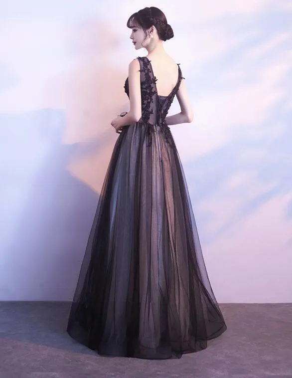 Black Tulle Lace Applique A-line Prom Dress , Black Party Dresses