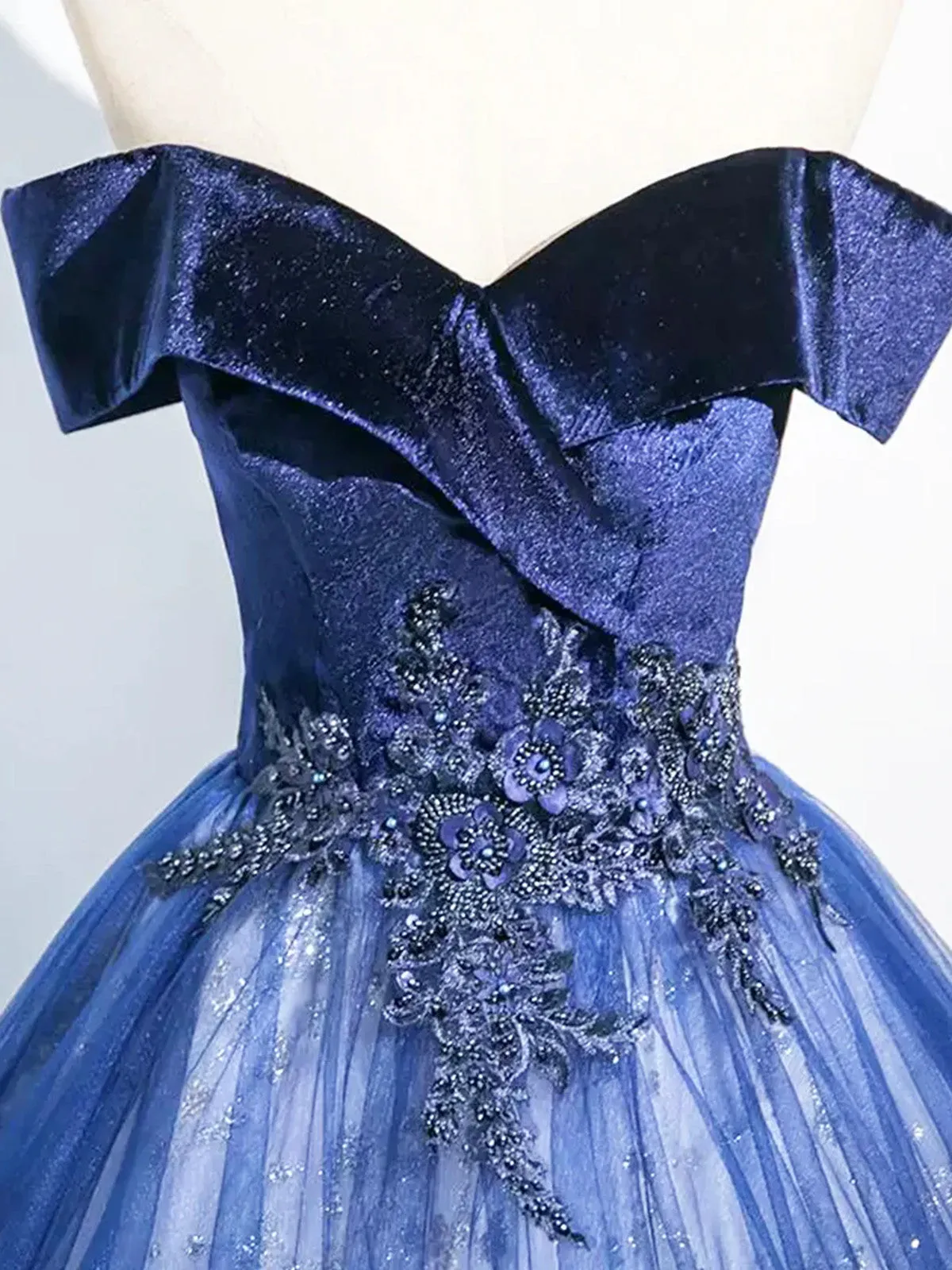 Blue Ball Gown Tulle Off Shoulder Long Formal Dress, Blue Sweetheart Party Dress