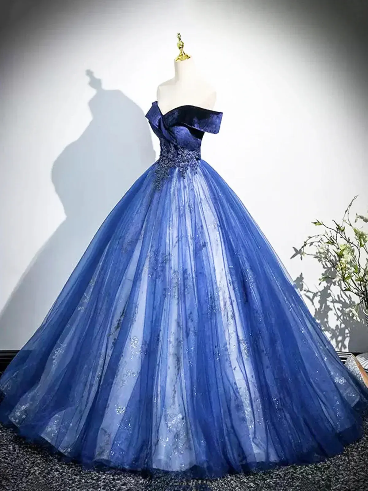 Blue Ball Gown Tulle Off Shoulder Long Formal Dress, Blue Sweetheart Party Dress