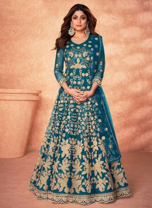 Blue Floral Embroidered Stylish Kalidar Anarkali