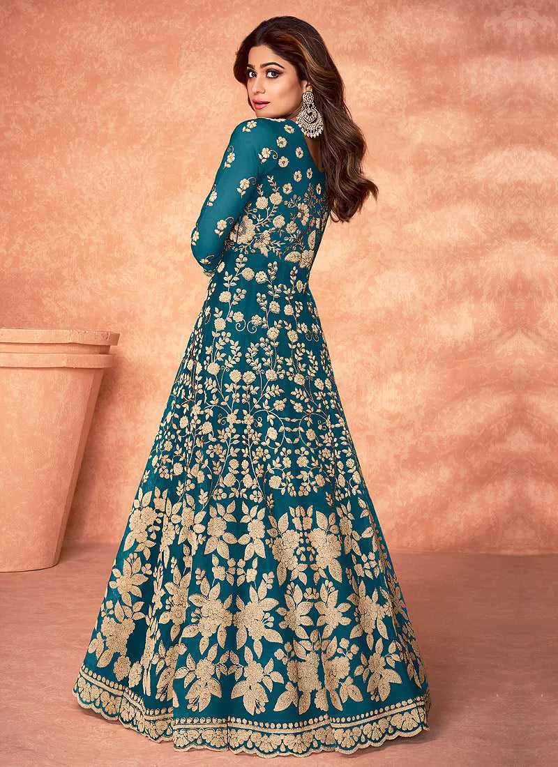 Blue Floral Embroidered Stylish Kalidar Anarkali