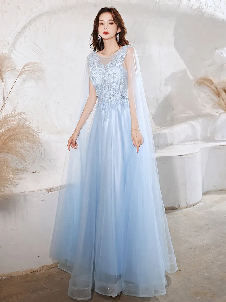 Blue Tulle with Lace Elegant A-line New Sytle Party Dress Prom Dress, Blue Formal Dress