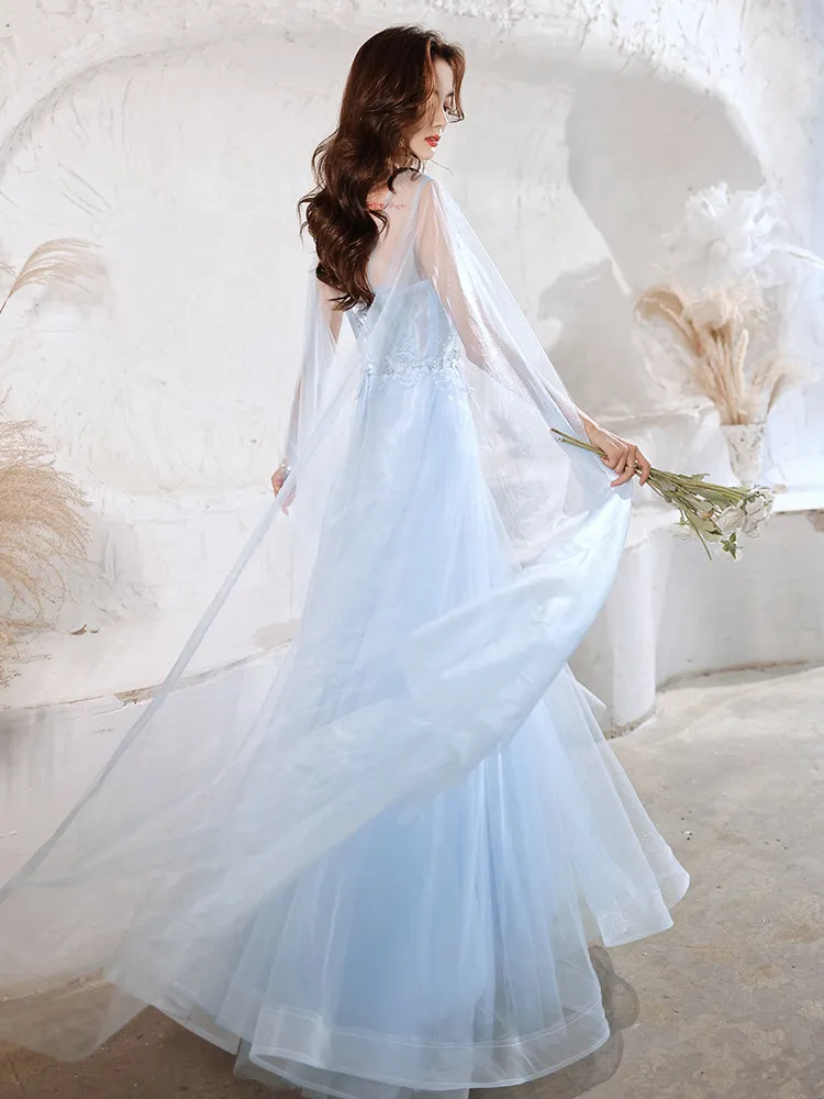 Blue Tulle with Lace Elegant A-line New Sytle Party Dress Prom Dress, Blue Formal Dress