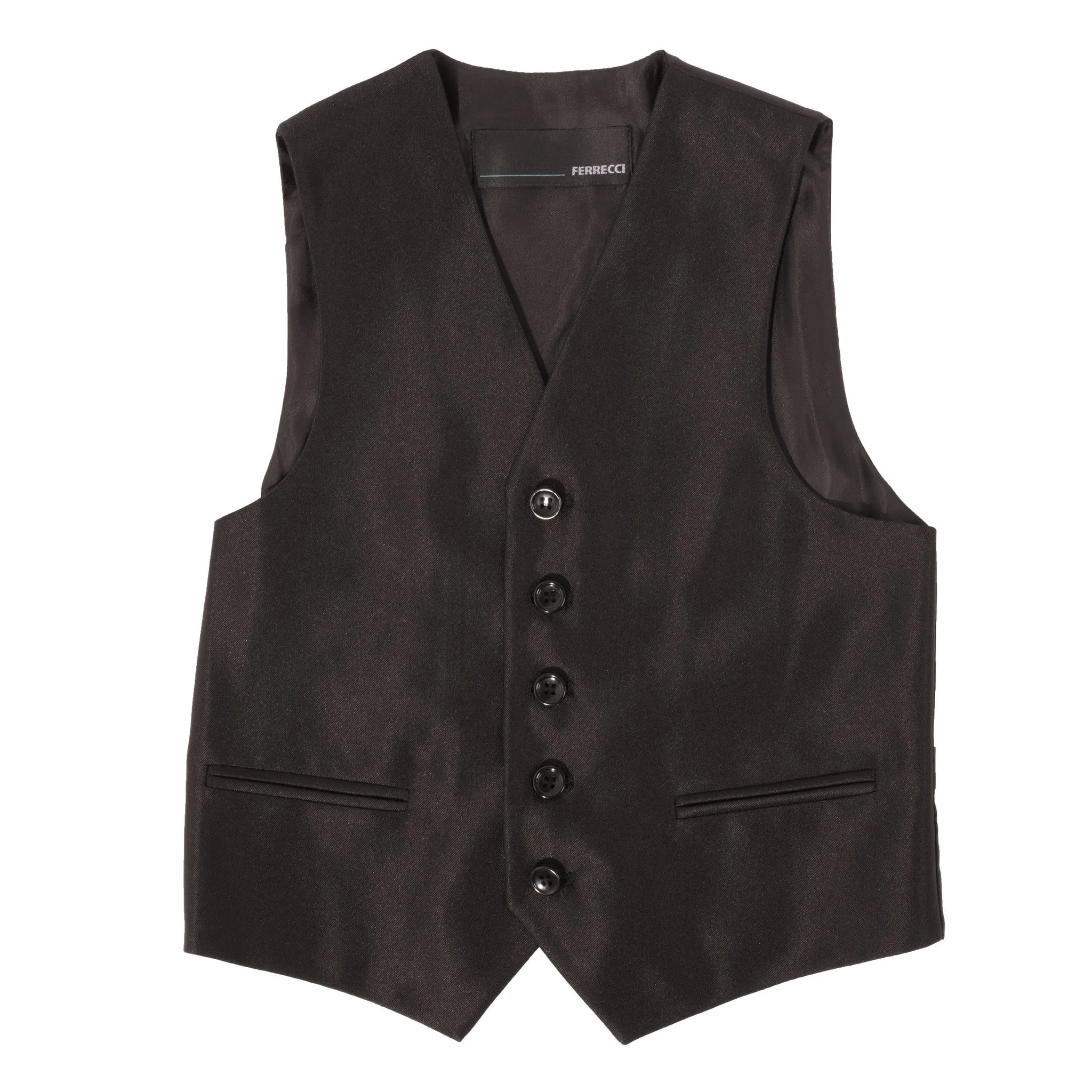 Boys Black Shiny Sharkskin Oxford 3pc Vested Suit