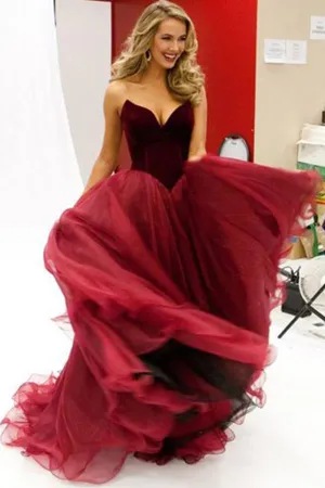 Burgundy Sweetheart Floor-Length Tulle A-Line V-Neck Prom Dresses, MP396