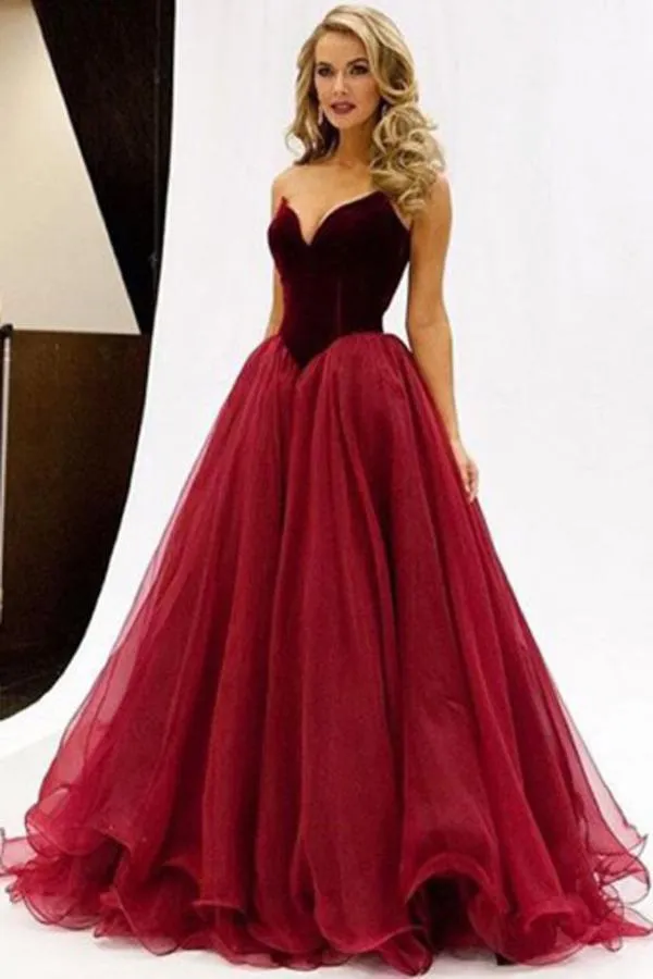 Burgundy Sweetheart Floor-Length Tulle A-Line V-Neck Prom Dresses, MP396