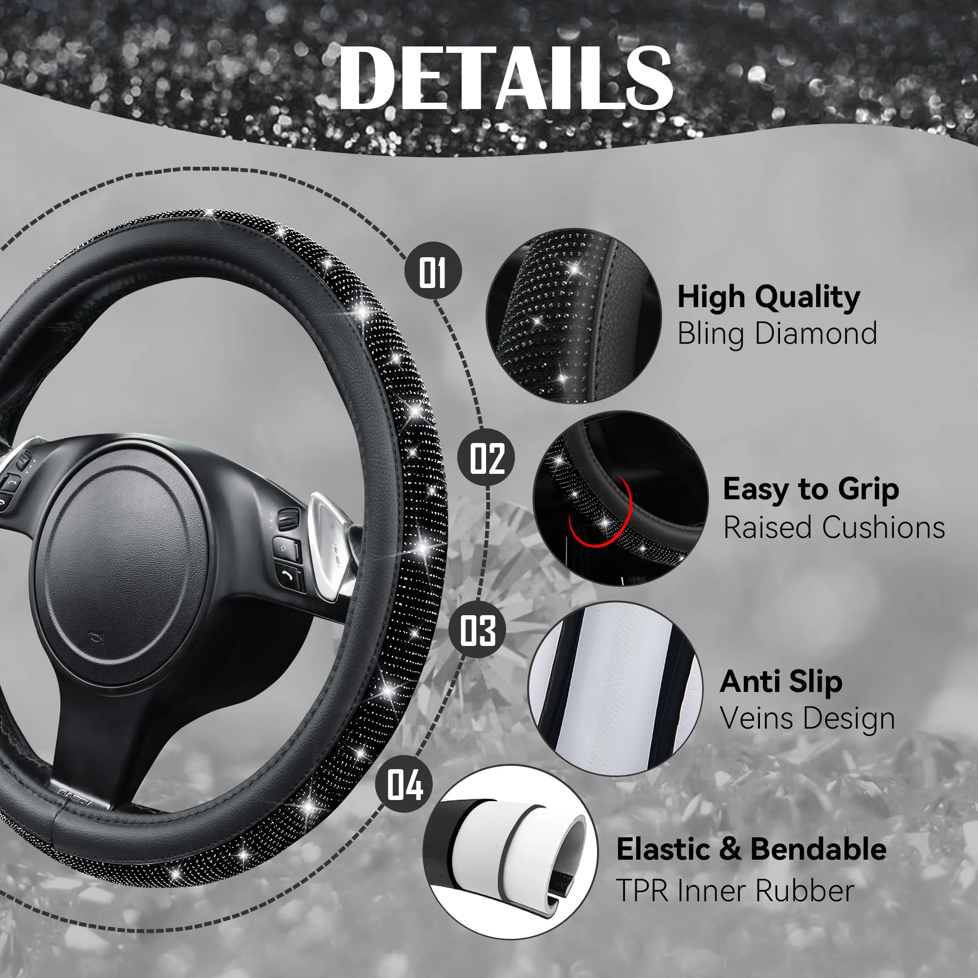 CAR PASS Rhinestones Leather Steering Wheel Cover for Women, Universal Fit 15" Car Steering Wheel - Black