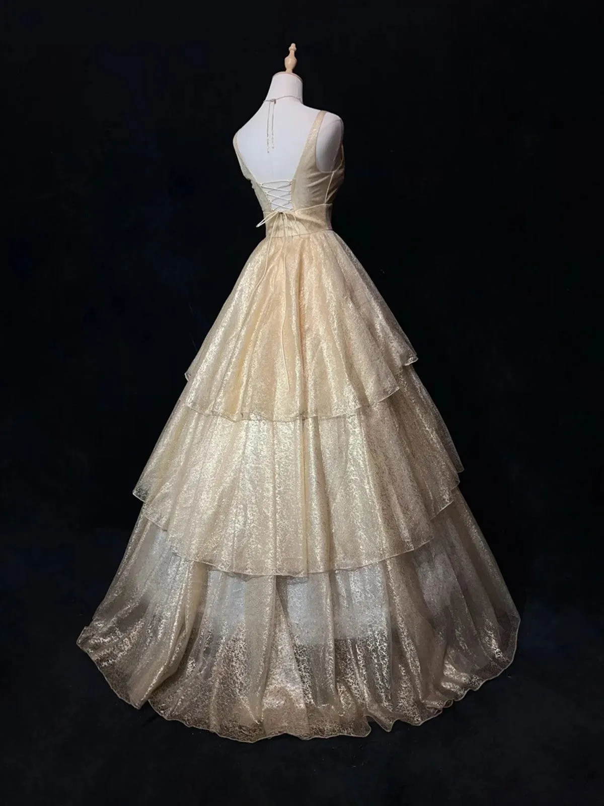 Champagne V-neckline Tulle Layers Formal Dress, Champagne Party Dress Prom Dress