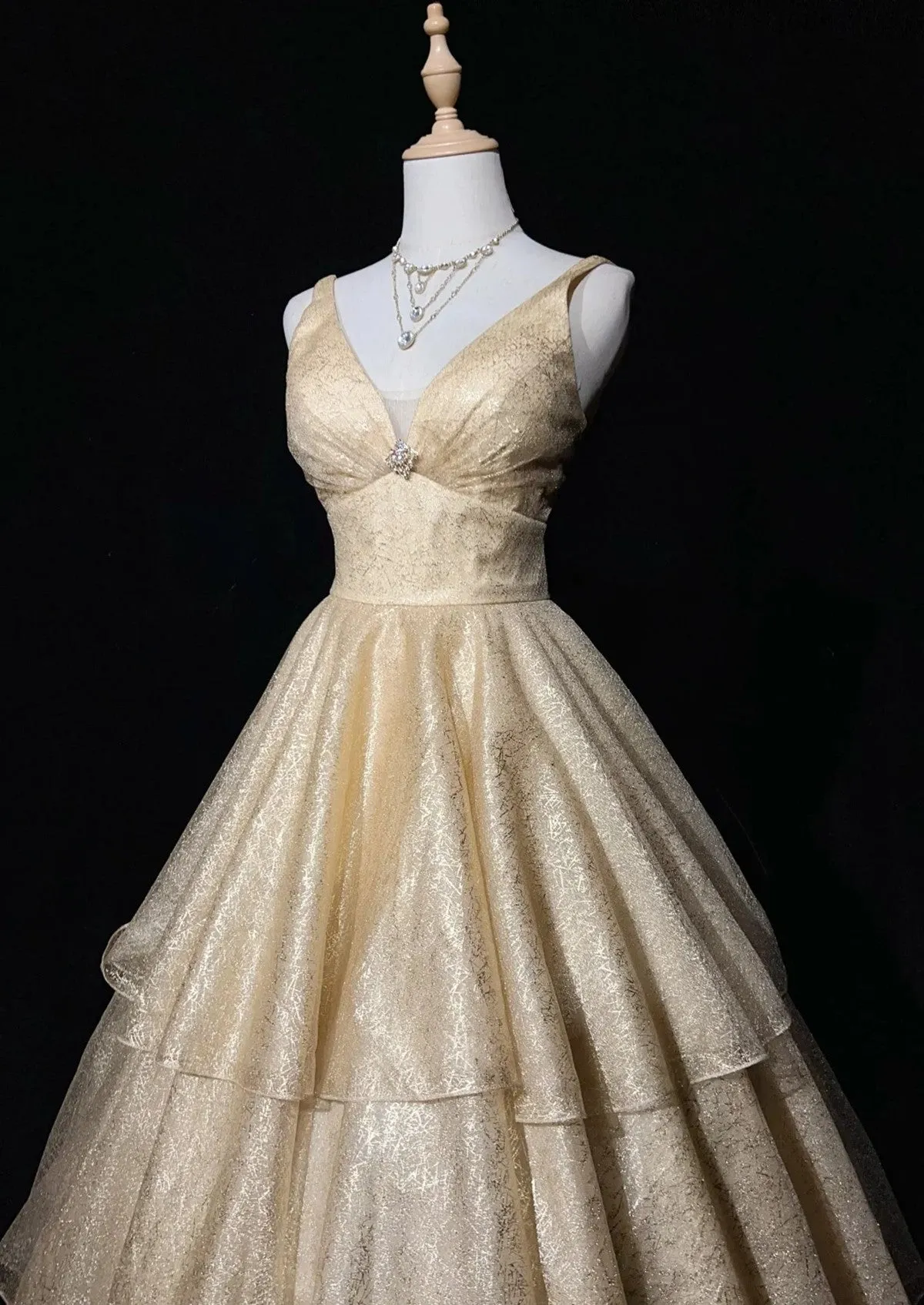 Champagne V-neckline Tulle Layers Formal Dress, Champagne Party Dress Prom Dress