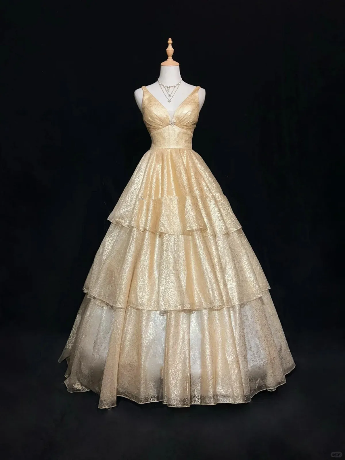 Champagne V-neckline Tulle Layers Formal Dress, Champagne Party Dress Prom Dress