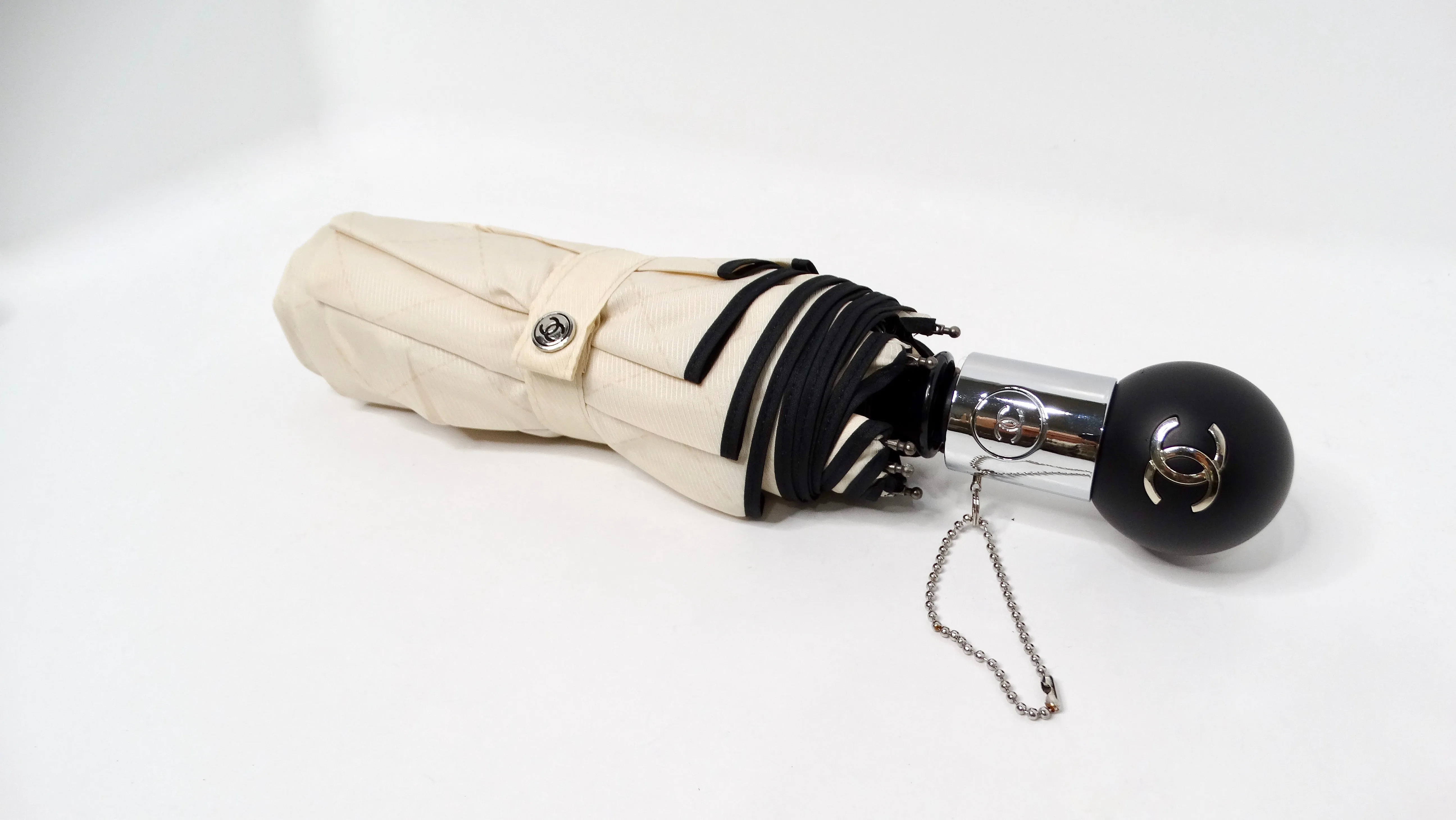 Chanel Beige & Black Nylon Quilted Motif Umbrella With Zip Case
