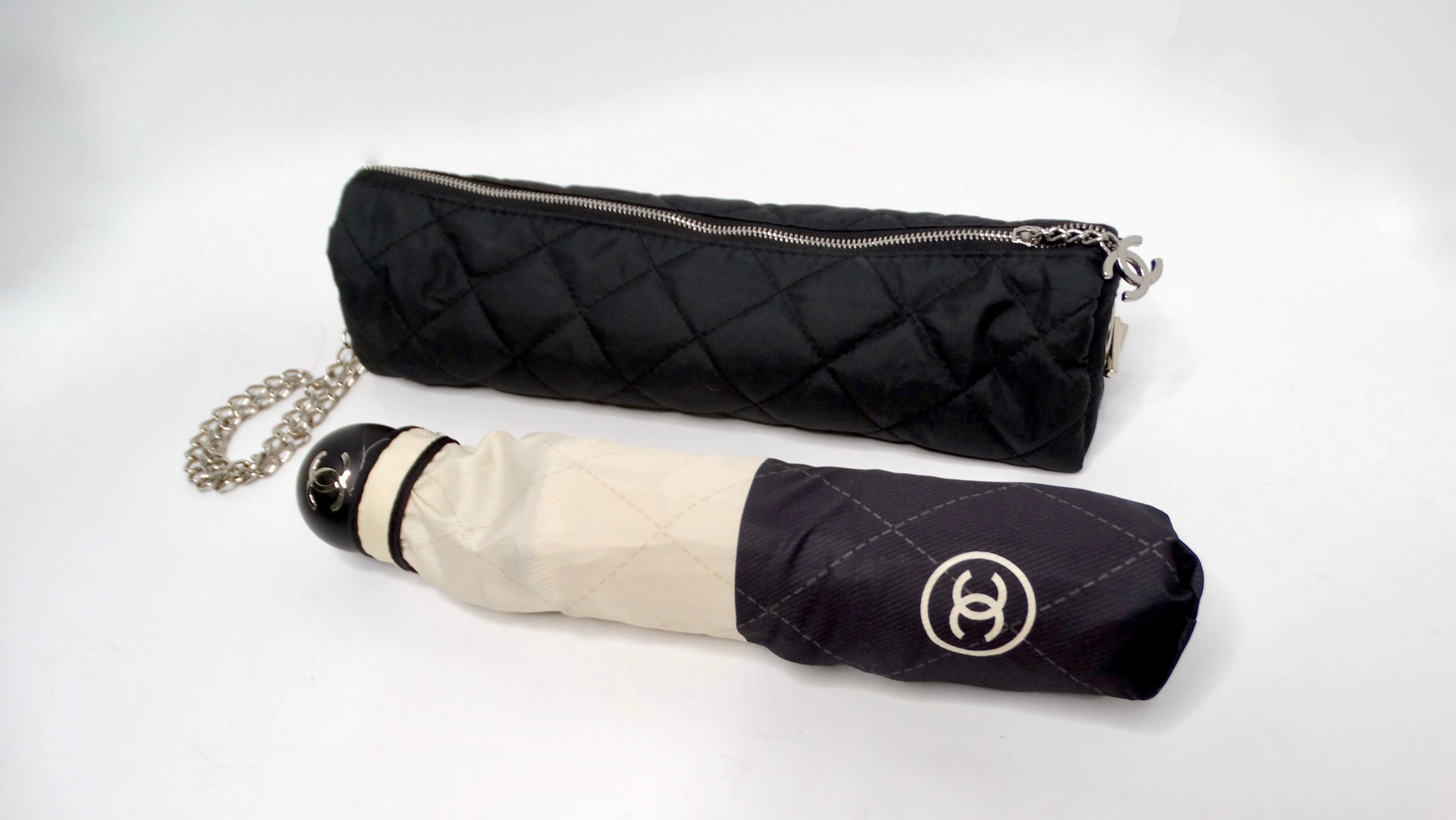 Chanel Beige & Black Nylon Quilted Motif Umbrella With Zip Case