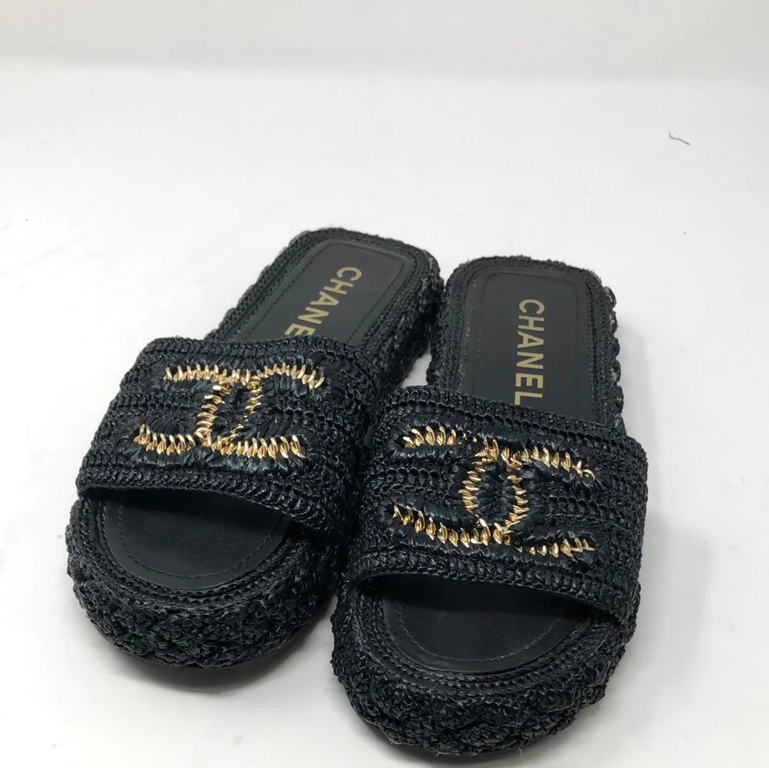 Chanel Black Straw Sandal with Gold Interlocking CC