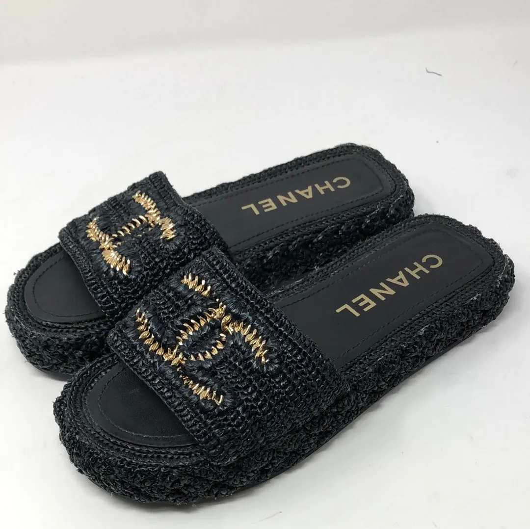 Chanel Black Straw Sandal with Gold Interlocking CC