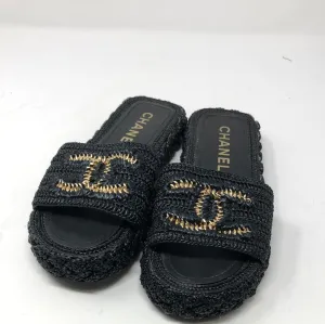 Chanel Black Straw Sandal with Gold Interlocking CC