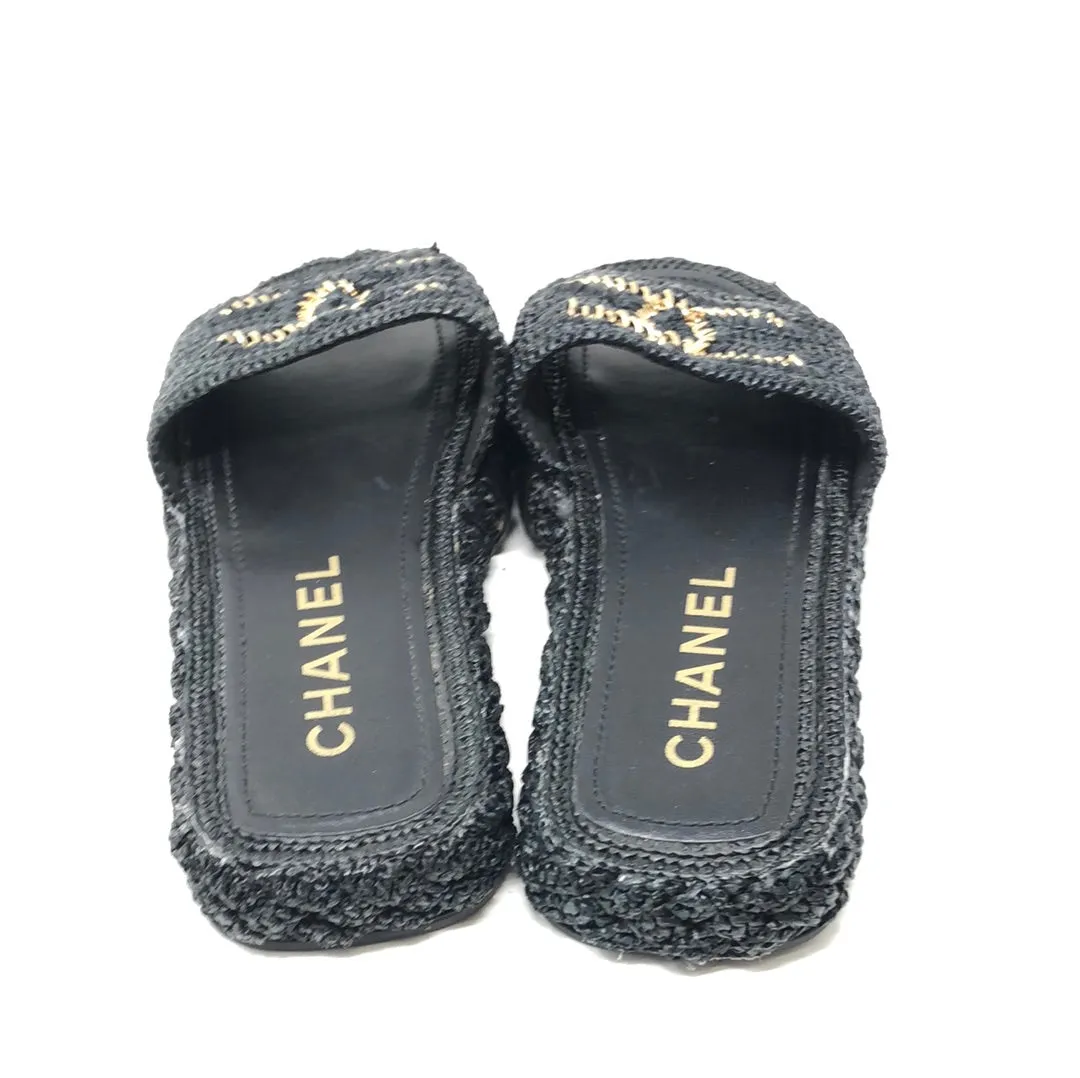 Chanel Black Straw Sandal with Gold Interlocking CC