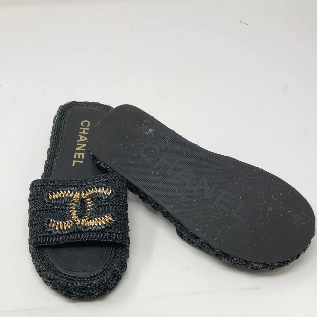 Chanel Black Straw Sandal with Gold Interlocking CC