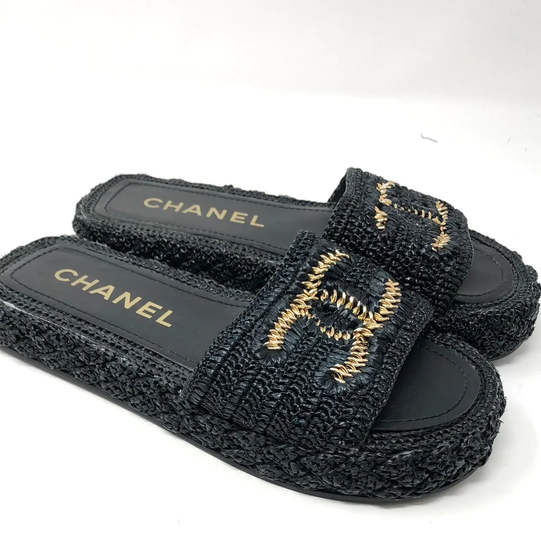 Chanel Black Straw Sandal with Gold Interlocking CC