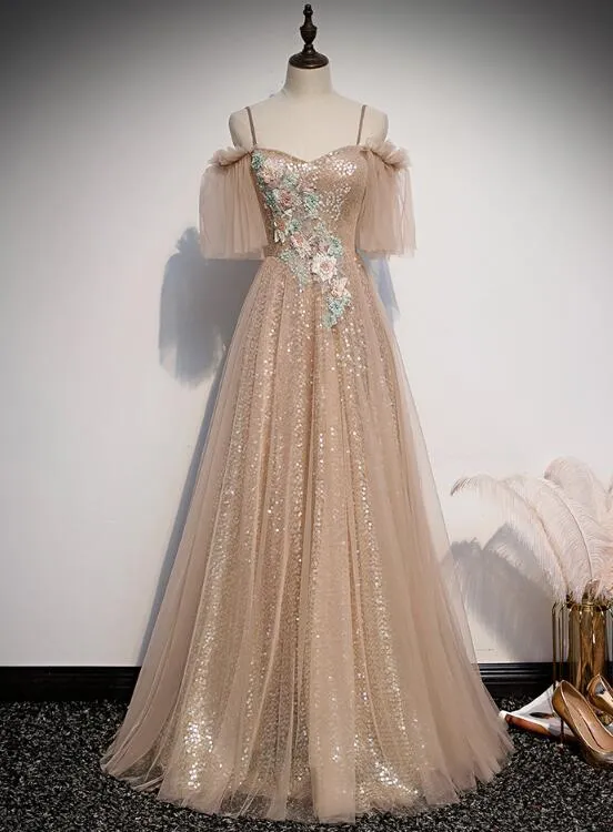 Charming Champagne Tulle and Sequins Long Party Dress, A-line Prom Dress