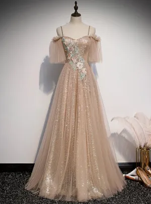 Charming Champagne Tulle and Sequins Long Party Dress, A-line Prom Dress
