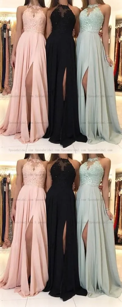 Charming Lace Halter Long Split Formal Prom Dresses, Bridesmaid Dress, PD0813