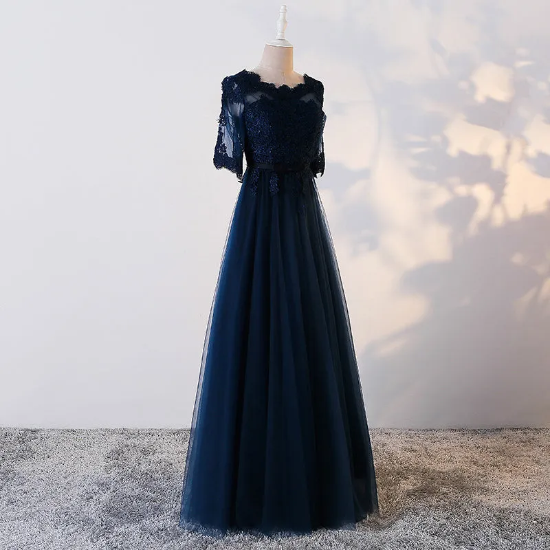 Charming Navy Blue Tulle Long Party Dress , Blue Prom Dress