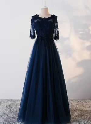 Charming Navy Blue Tulle Long Party Dress , Blue Prom Dress