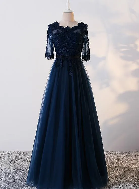 Charming Navy Blue Tulle Long Party Dress , Blue Prom Dress