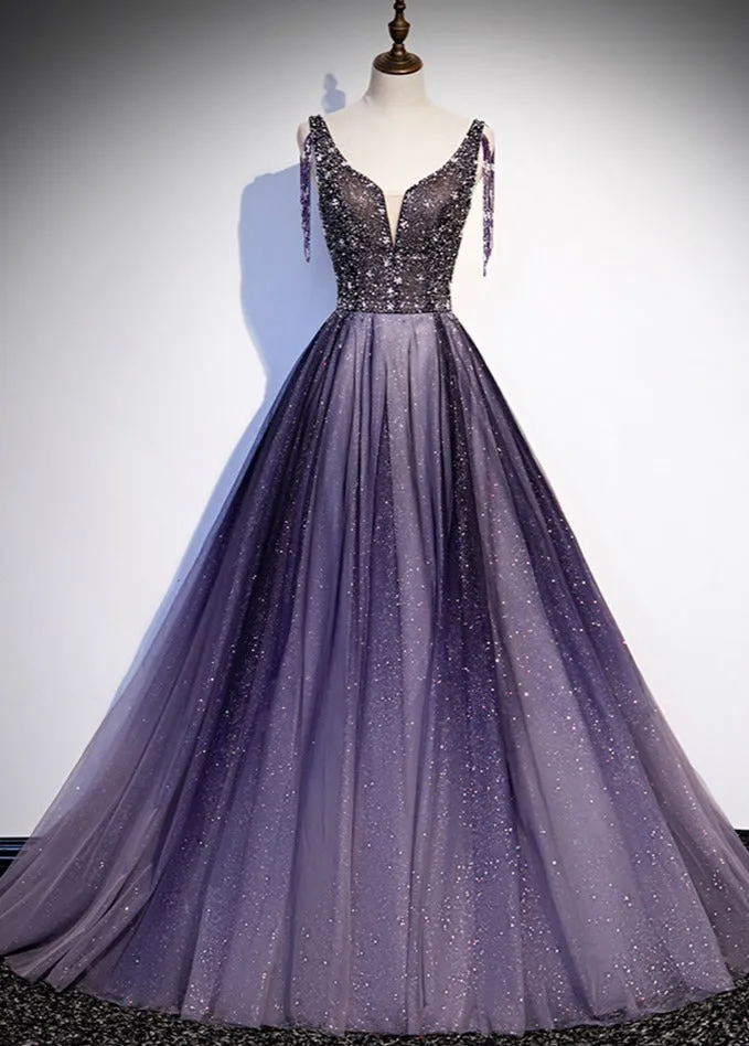 Charming Purple Gradient Tulle V-neckline Long Party Dress, A-line Prom Dress