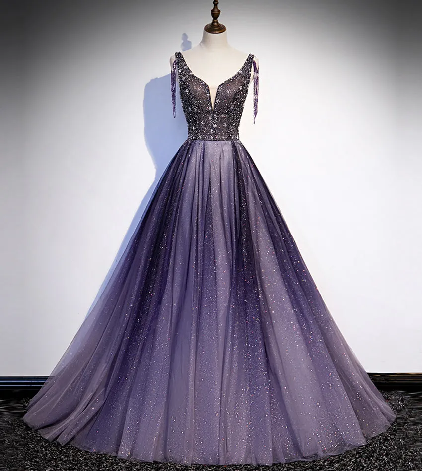 Charming Purple Gradient Tulle V-neckline Long Party Dress, A-line Prom Dress