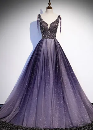 Charming Purple Gradient Tulle V-neckline Long Party Dress, A-line Prom Dress