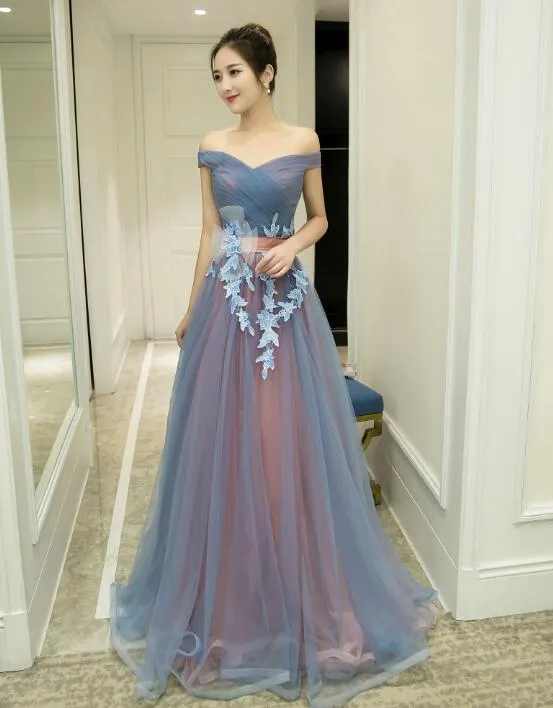 Charming Tulle Off Shoulder Sweetheart Junior Party Dress, Formal Dress with Applique