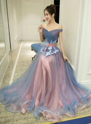 Charming Tulle Off Shoulder Sweetheart Junior Party Dress, Formal Dress with Applique