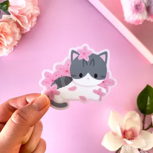 Cherry Blossom Gray Cat Vinyl Sticker