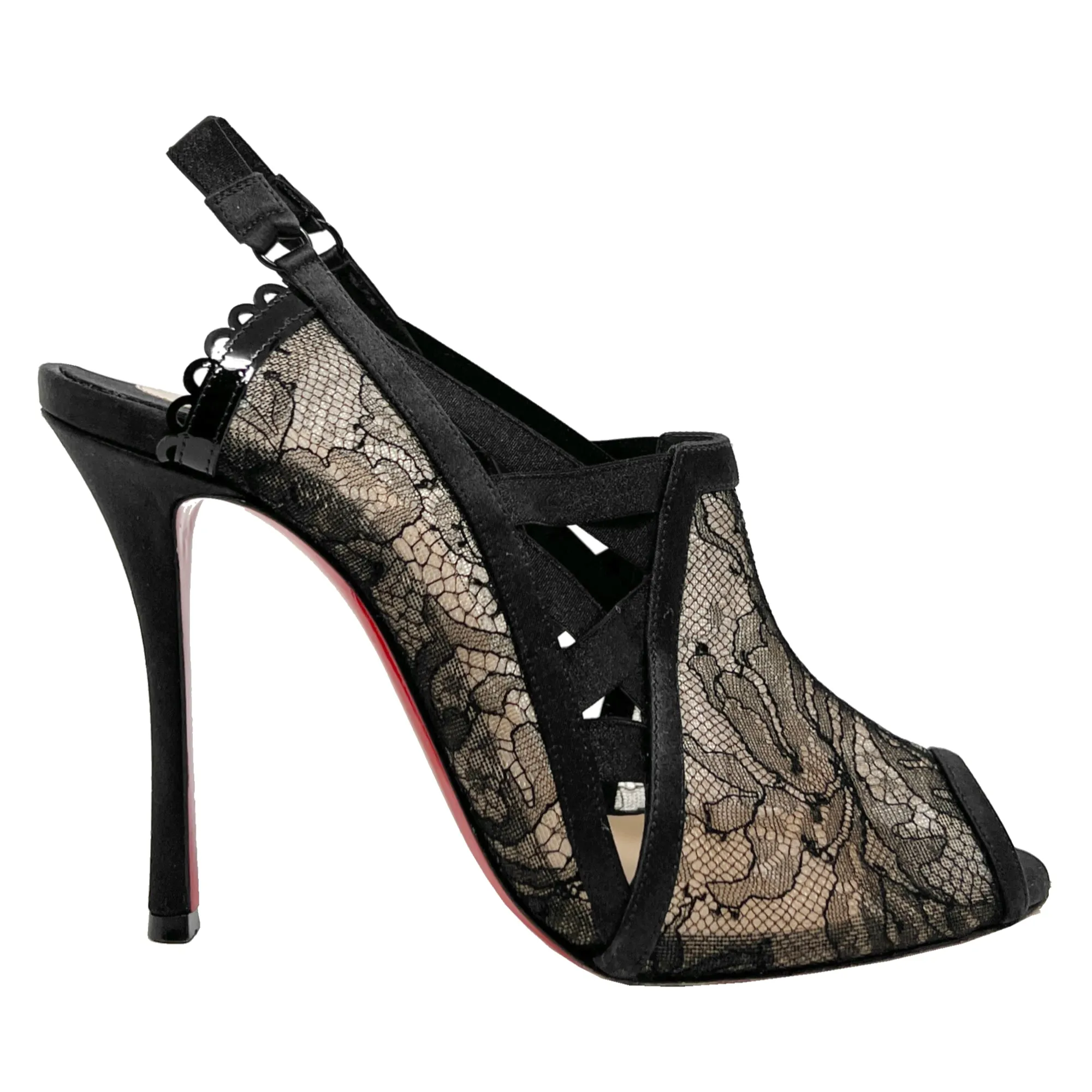 Christian Louboutin Guiptik 100 Satin Lace Chantilly Peep Toe SlingBack Heels Size EU 36.5
