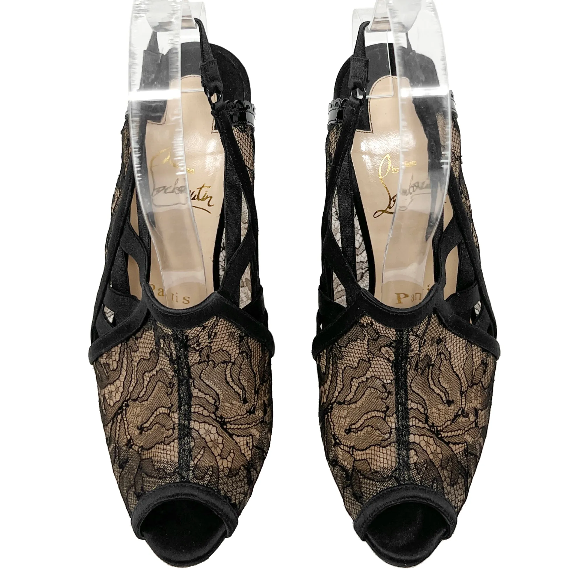 Christian Louboutin Guiptik 100 Satin Lace Chantilly Peep Toe SlingBack Heels Size EU 36.5