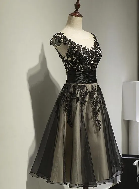 Classical Black Tea Length Party Dress, Black Formal Dress, Party Dress