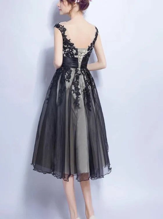 Classical Black Tea Length Party Dress, Black Formal Dress, Party Dress