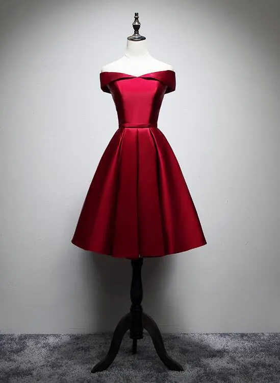 Cute Dark Red Satin Short Prom Dress with Lace-up, Prom Dress
