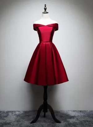Cute Dark Red Satin Short Prom Dress with Lace-up, Prom Dress
