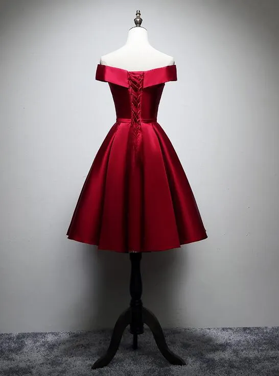 Cute Dark Red Satin Short Prom Dress with Lace-up, Prom Dress