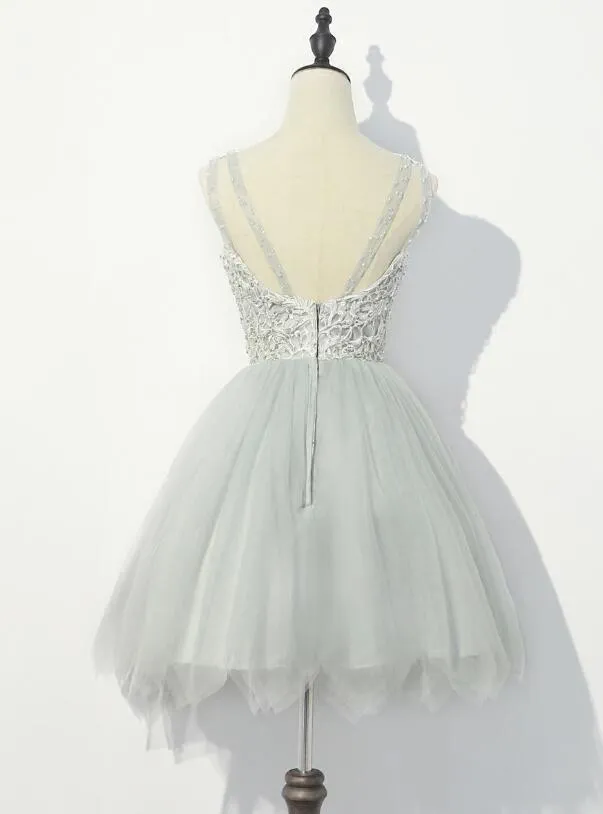 Cute Grey with Lace Round Neckline Party Dress, Women Formal Dresses