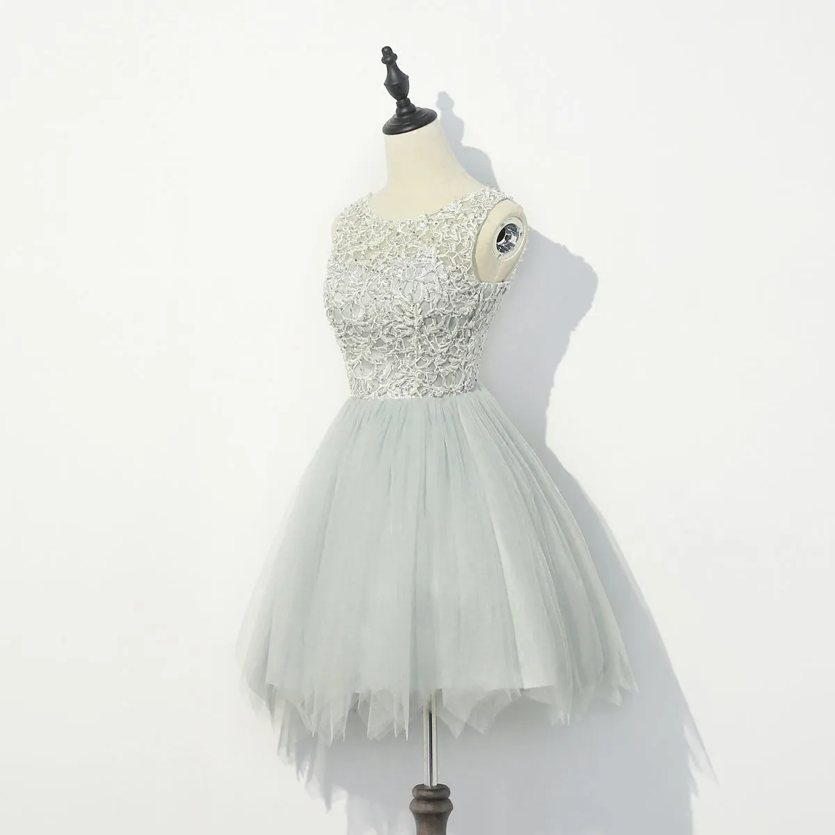 Cute Grey with Lace Round Neckline Party Dress, Women Formal Dresses