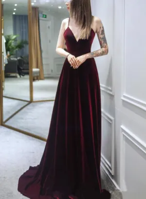 Dark Red Straps Velvet Deep V-neckline Party Gown, Beautiful Wedding Party Dress