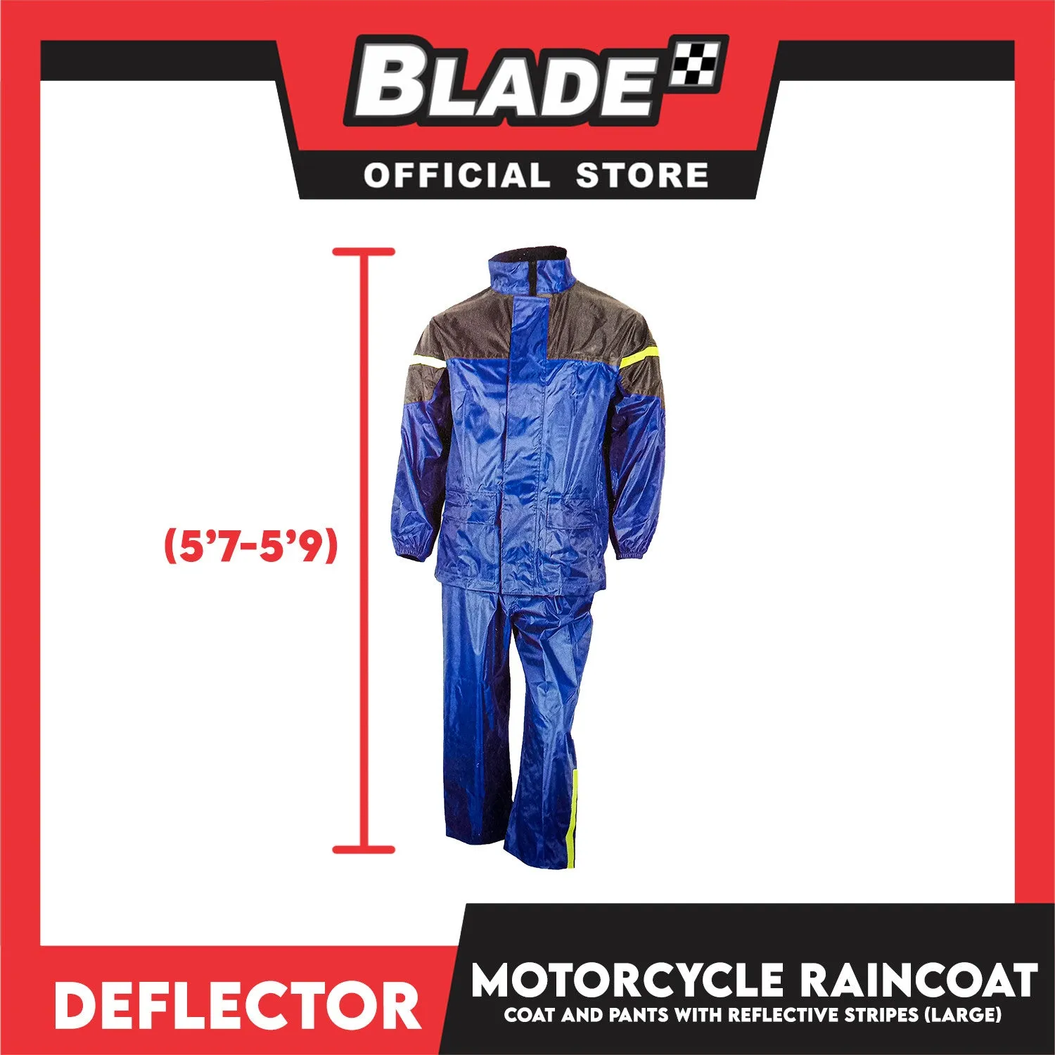 Deflector Motorcycle RainCoat, Coat and Pants Set with Reflective Stripes (Large)