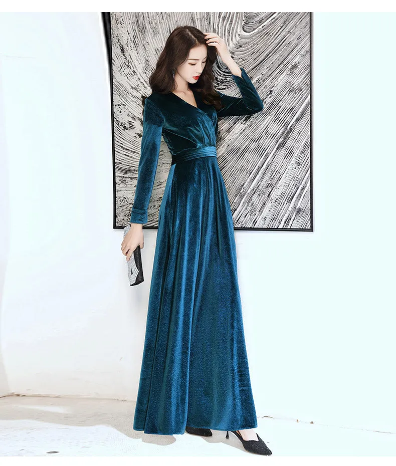 Elegant Velvet Long Sleeves V-neckline Prom Dress. Velvet Bridesmaid Dress Party Dress