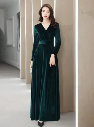 Elegant Velvet Long Sleeves V-neckline Prom Dress. Velvet Bridesmaid Dress Party Dress