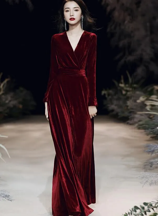 Elegant Velvet Long Sleeves V-neckline Prom Dress. Velvet Bridesmaid Dress Party Dress