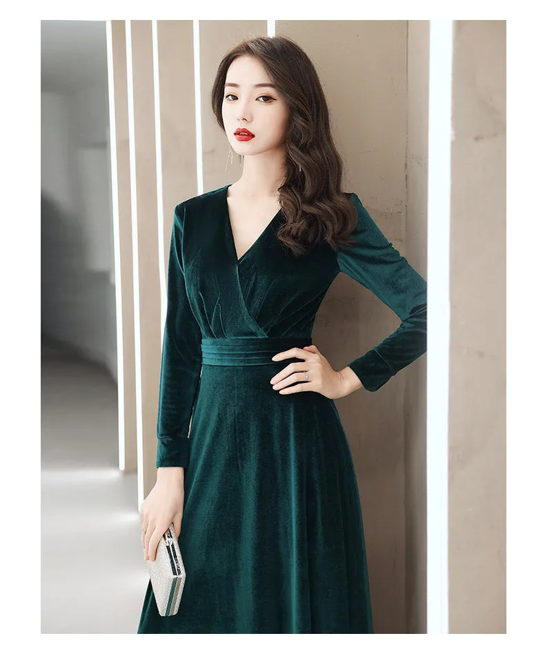 Elegant Velvet Long Sleeves V-neckline Prom Dress. Velvet Bridesmaid Dress Party Dress